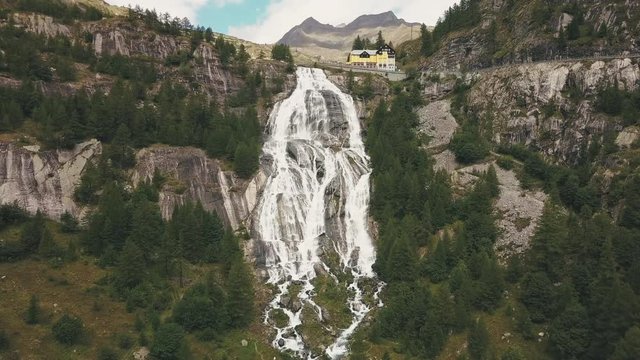 Aerial view of Cascata del Toce waterfall shot in 4k