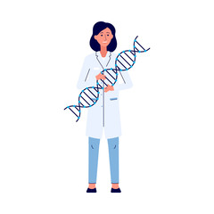 Woman character with DNA molecule model, flat vector illustration isolated.