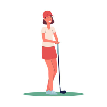 Golfer woman holding a golf club and smiling - cartoon female sport player
