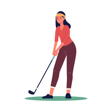 Female character with niblick playing golf flat vector illustration isolated.