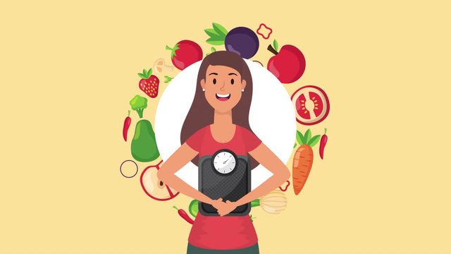 woman holding scale surrounded by fruit