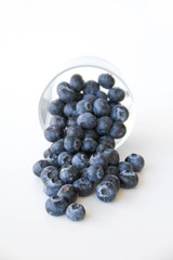 Fresh blueberries in a small glass on a white background. Healthy eating. Vegan food. Back view.