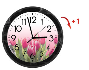 Fototapeta na wymiar Daylight Saving Time (DST). Wall Clock going to summer time (+1). Turn time forward.