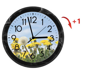 Daylight Saving Time (DST). Wall Clock going to summer time (+1). Turn time forward.