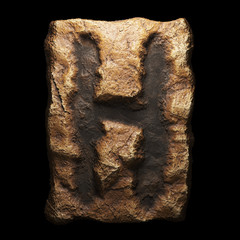 Rocky letter H. Font of stone isolated on black background. 3d