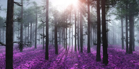 Fototapety  Drzewa w słońcu na kwitnącej łące, wiosenny las rano na kwitnącej ziemi, renderowanie 3d