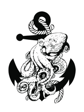 Vector grunge black octopus tattoo drawing design illustration with anchor and rope isolated on white background.Marine life.Ocean life.Print for t shirt or canvas.Old Navy.