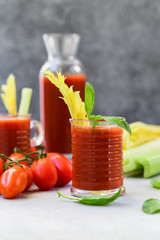 Vegetable juice healthy food. Healthy soft drink with tomatoes and celery. vitamin smoothies tomato juice, selective focus image