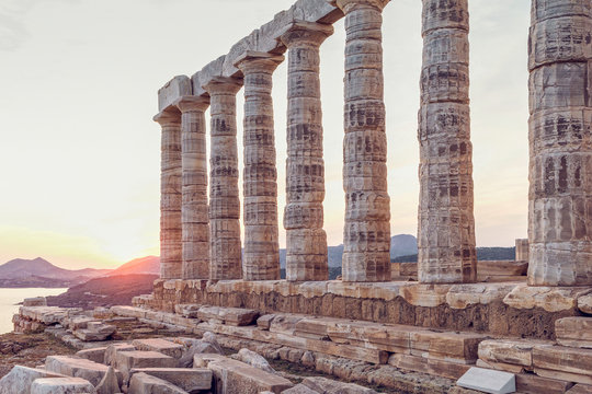 Ancient ruin of Poseidon temple, Cape Sounion, Attika, Greece