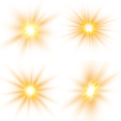 Obraz premium Set of bright stars. Sunlight translucent special design light effect on a white background. Vector illustration.
