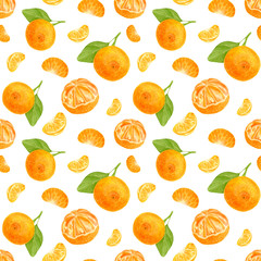 Watercolor tangerine seamless pattern. Hand drawn botanical illustration of mandarin fruits with leaves. Citrus orange plants isolated on white background for design, textile, package, wrapping.