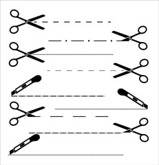 Paper cut icon with dotted line. Vector scissors with cut lines. Vector set of cutting scissors.
