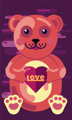 Cute flat vector valentine's day postcard. Gift plush medvel with a heart in his hands. Holiday banner for lovers.