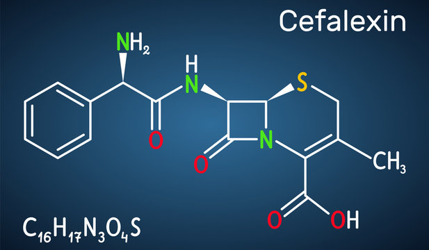 Cefalexin, cephalexin, C16H17N3O4S molecule. It is a beta-lactam, first-generation cephalosporin antibiotic with bactericidal activity. Structural chemical formula on the dark blue background