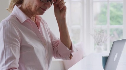 Mature Woman At Home Looking Up Information About Medication Online Using Laptop