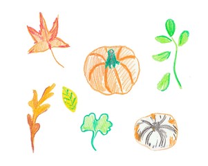 Set of pumpkin and leaves hand drawn wax crayons.Autumen illustrations with isolated white background. Design for stickers,banners,textiles,wallpaper, packaging,wrapping paper,cards,illustrations.