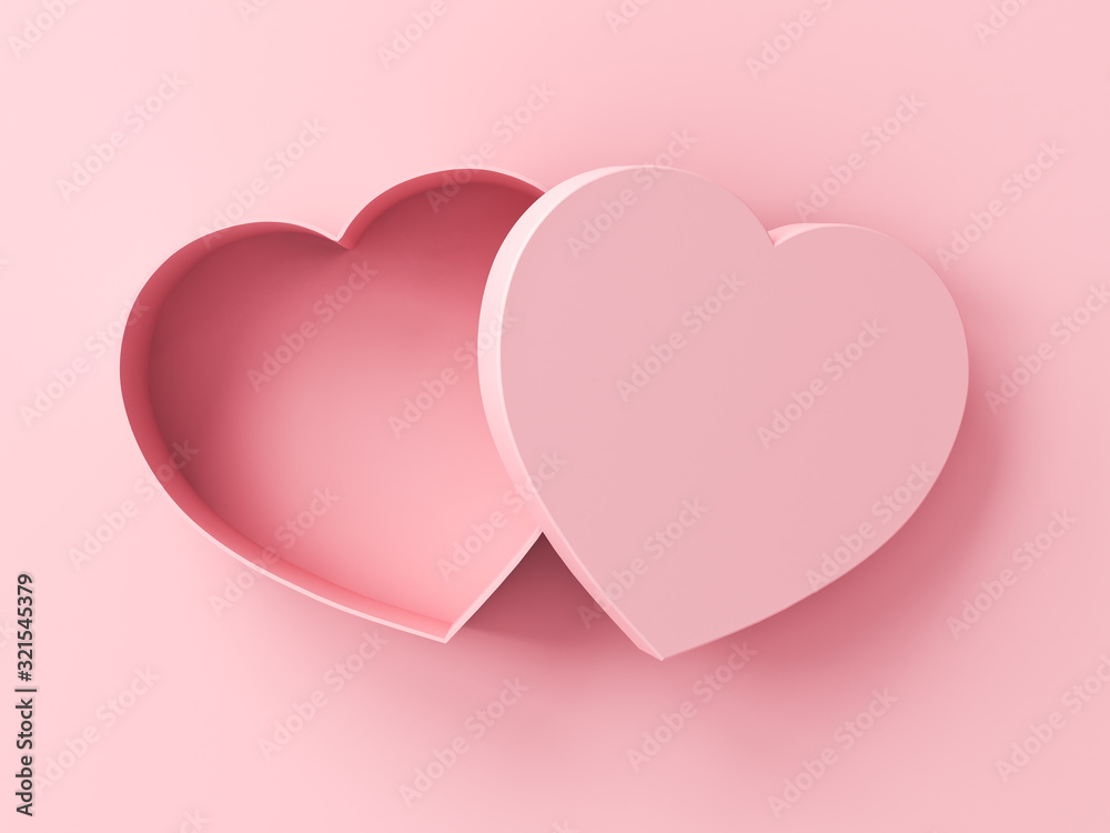 Poster Blank heart box open isolated on pink pastel color background with shadow 3D rendering