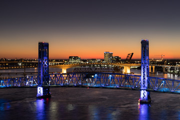 The John T. Alsop, Jr. Bridge in Jacksonville FL at night. The bridge was previously named the Main Street Bridge and is still called that today.