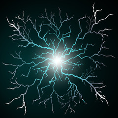 Thunder storm flash light on black background. Vector realistic electricity lightnings. Illustration of nerve connection
