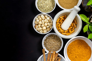 Herbal supplement in capsules with healthy medicinal plant.Alternative drug or natural pharmaceutical capsule.Medication of vitamin supplemental for care and treatment.Top view.