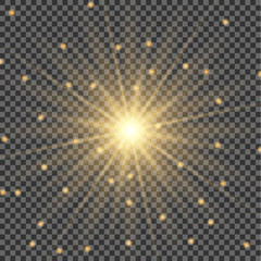 Shining vector golden sun with light effects. Flares and gleams rounded and hexagonal shapes, rainbow halo.