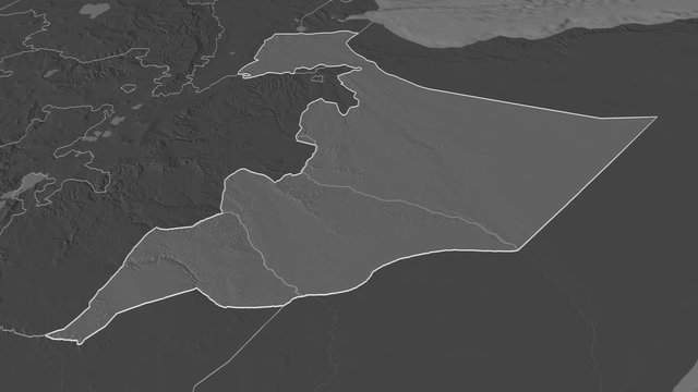 Somali, state with its capital, zoomed and extruded on the bilevel map of Ethiopia in the conformal Stereographic projection. Animation 3D