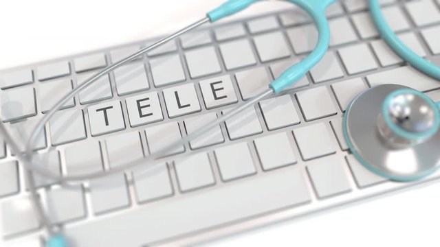 Stethoscope on keyboard with TELE text on keys. Modern telemedicine related conceptual 3D animation