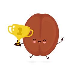 Cute smiling happy coffee bean hold gold cup