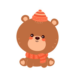 Cute happy smiling baby bear in scarf and hat
