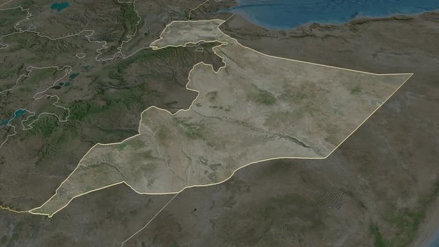 Somali, state with its capital, zoomed and extruded on the satellite map of Ethiopia in the conformal Stereographic projection. Animation 3D