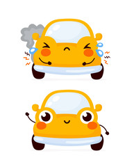 Cute happy and sad broken yellow automobile car