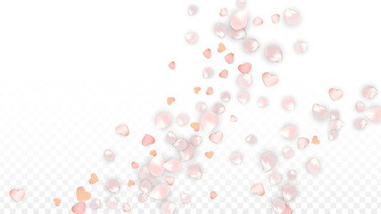 Vector Realistic Petals and Hearts Confetti. Flying Sakura and Hearts on Transparent Background. Wedding Invitation Background. Spring Romance Poster. Vector Illustration for Anniversary Design.