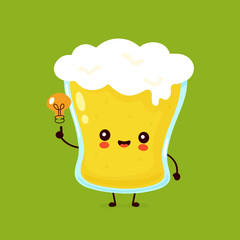 Cute happy smiling glass of beer with light bulb