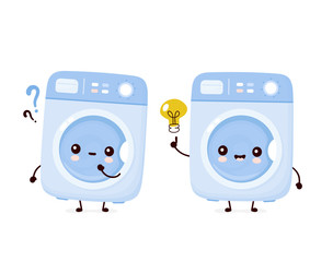 Cute happy washing machine with question mark and idea lightbulb. Vector flat cartoon character illustration icon design.Isolated on white background. Washing machine character concept