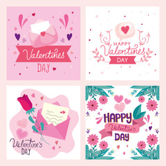 set cards of happy valentines day with decoration vector illustration design