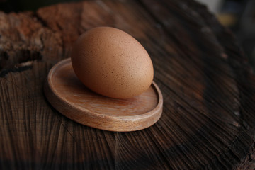 one dark brown chicken egg lies on a tree cut, easter concept