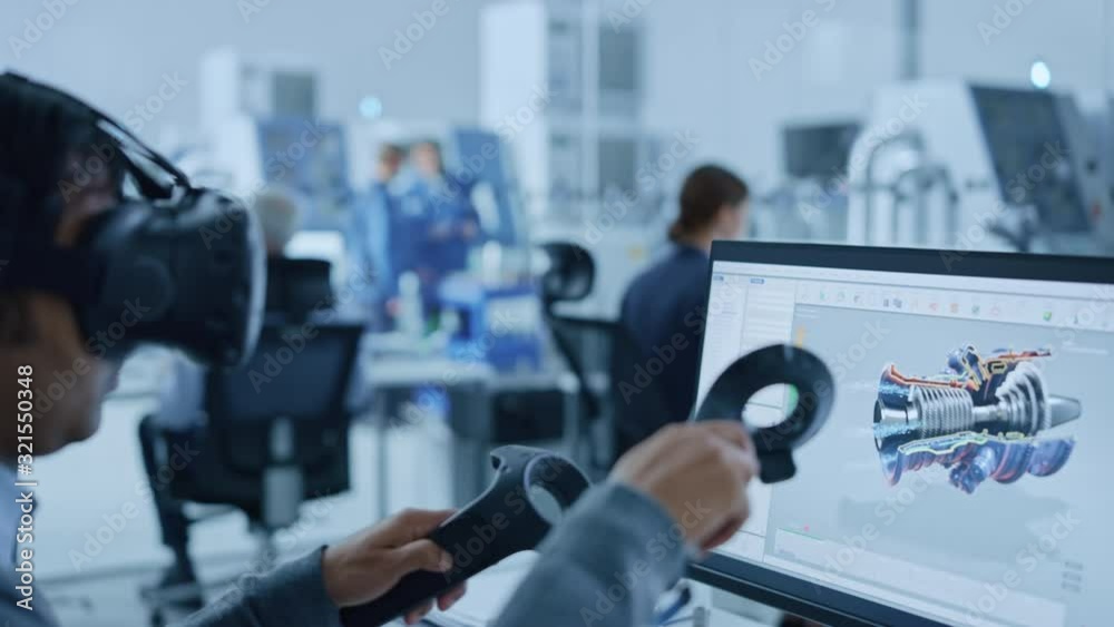 Poster Modern Industrial Factory: Mechanical Engineer Wearing Virtual Reality Headset, Holding Controllers, Uses VR technology for Industrial Design, Development and Prototyping in CAD Software on Computer.