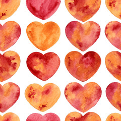 Watercolor drawn hearts seamless pattern; raster illustration