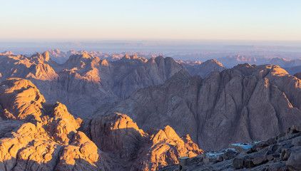 Egypt. Mount Sinai in the morning at sunrise. Bedouin village. (Mount Horeb, Gabal Musa, Moses...