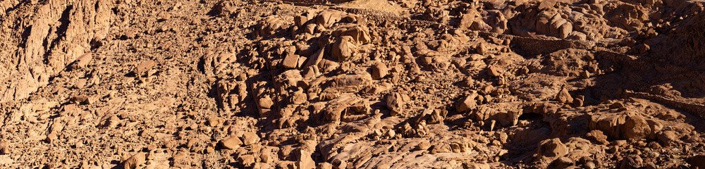 Egypt. Mount Sinai in the morning in the bright sun. (Mount Horeb, Gabal Musa, Moses Mount). Pilgrimage place and famous touristic destination.