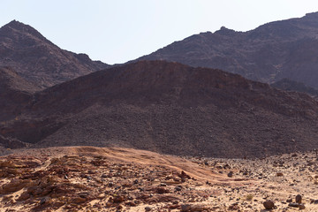 Egypt. Desert and mountains of the Sinai Peninsula. Sands, dunes, rocks and gorges. Promised land.
