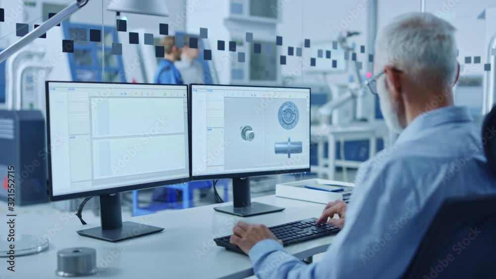 Aufkleber Over the Shoulder: Senior Heavy Industry Engineer Working on Personal Computer, Screen Shows CAD Software with 3D Prototype of Electric Engine. Industrial Factory with High-Tech CNC Machinery