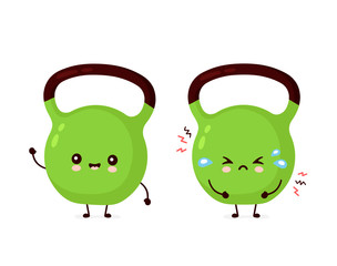 Cute smiling and sad fitness kettlebell weight