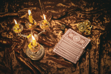 Tarot cards on fortune teller old desk background. Future reading.