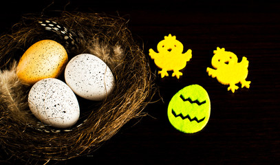 Easter eggs in the nest. A feather in a small nest. Small bird eggs. Small decorative chickens.