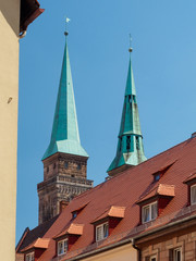 Towers of St. Lawrence Church a medieval church in the old town of Nuremberg, Bavaria, Germany