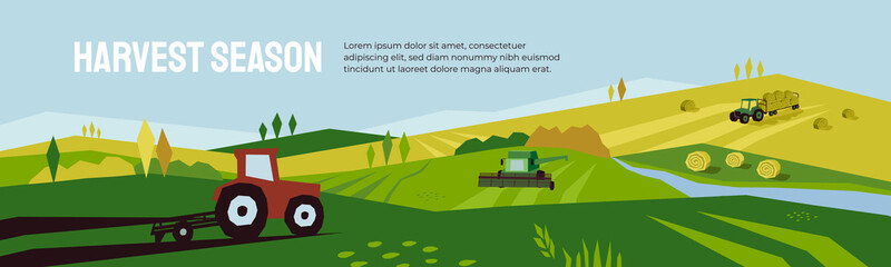 Harvest season and agriculture concept. Farm landscape, panoramic scenery of countryside in autumn. Vector illustration of tractors, plowing land, combine harvester and hayfield with haystack rolls. © OlgaStrelnikova