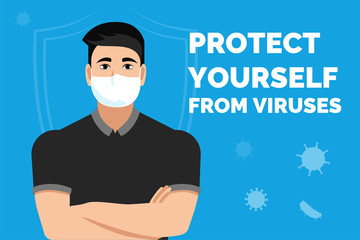 protecting health from viruses and diseases. a man in a medical mask, strong immunity. atukuyuschie and infectious viruses and microbes of the common cold, flu. vector illustration.