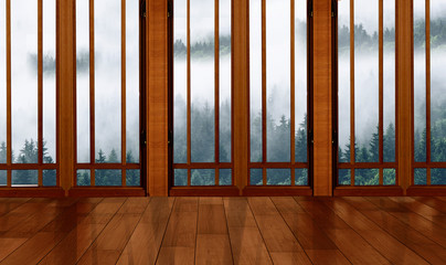 View from a panoramic window onto a foggy, mysterious coniferous forest