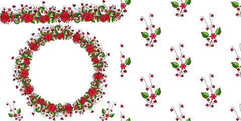 Red roses vector on a white background. Seamless pattern in floral style, seamless brush beautiful wreath of red roses and other flowers, a festive frame for creativity and design.